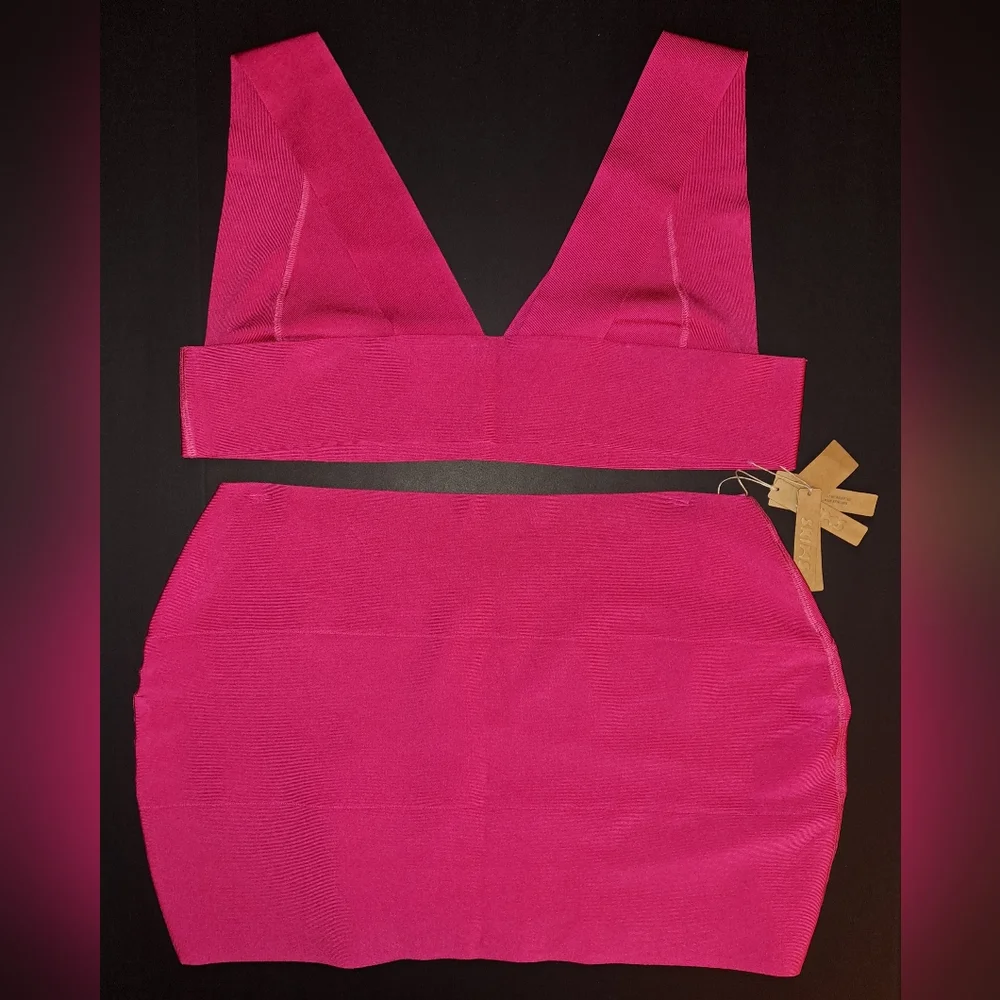 ⛱️NWT SKIMS 2 Piece Knit swim Skirt plunge bikini top Set Pink MAGENTA 4X